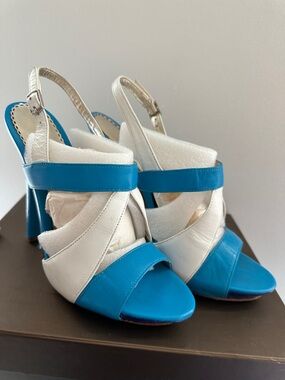 bebe White and Blue Strappy Leather Slingback Heels